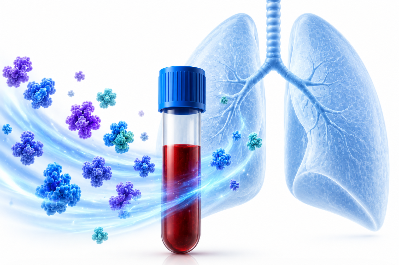 protein markers floating off of a background image of lungs around a test tube filled with blood for testing