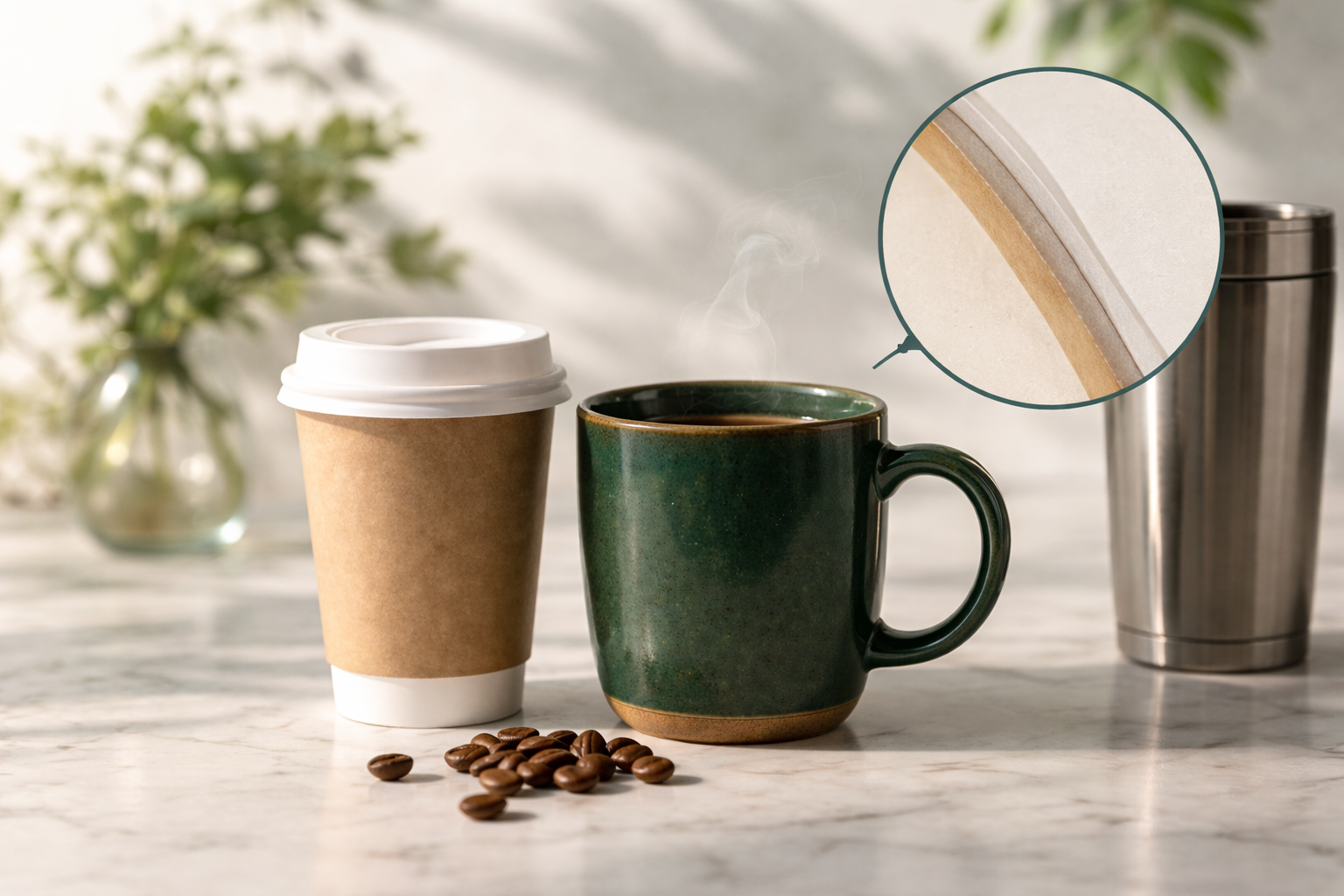 Coffee mugs with coffee beans