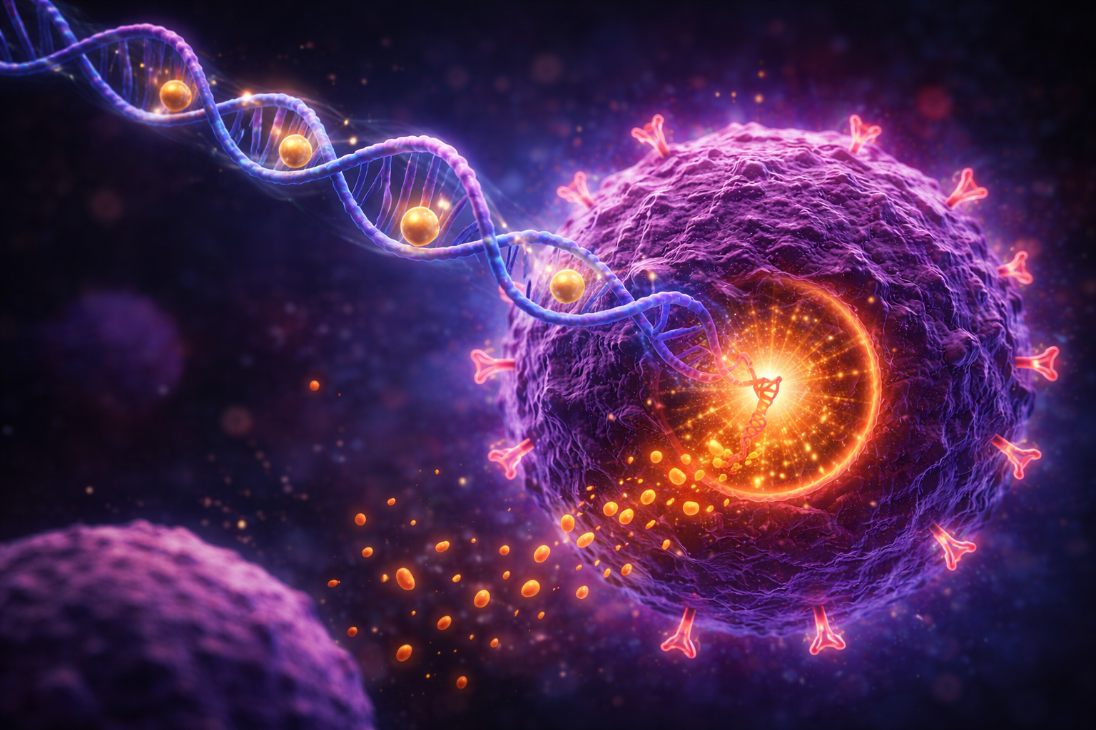 A digital scientific illustration showing a large purple cancer cell with a glowing orange center. A DNA double helix carrying small golden drug particles approaches and enters the cell, triggering a bright, radiant burst inside. Small particles scatter outward, symbolizing targeted drug delivery and activation within the cancer cell.