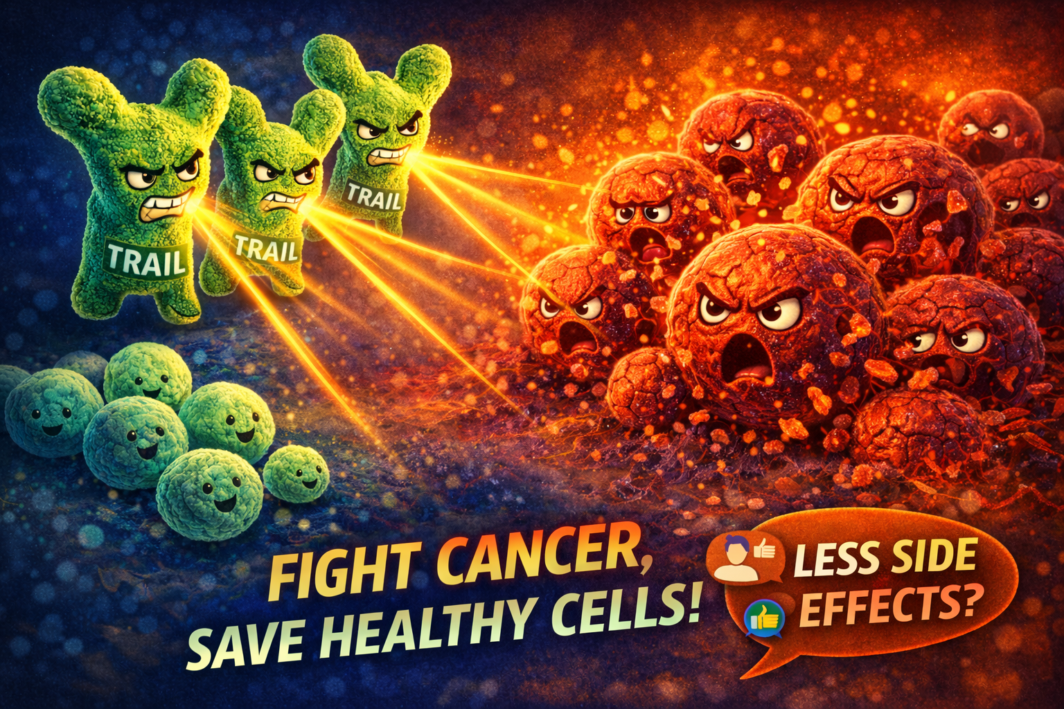 Colorful cartoon illustration showing bright green "TRAIL" protein characters shining beams of light towards a cluster of angry cancer cells, while smiling healthy green cells sit safely to the side. This symbolizes a treatment that largely targets cancer while sparing healthy tissue. 