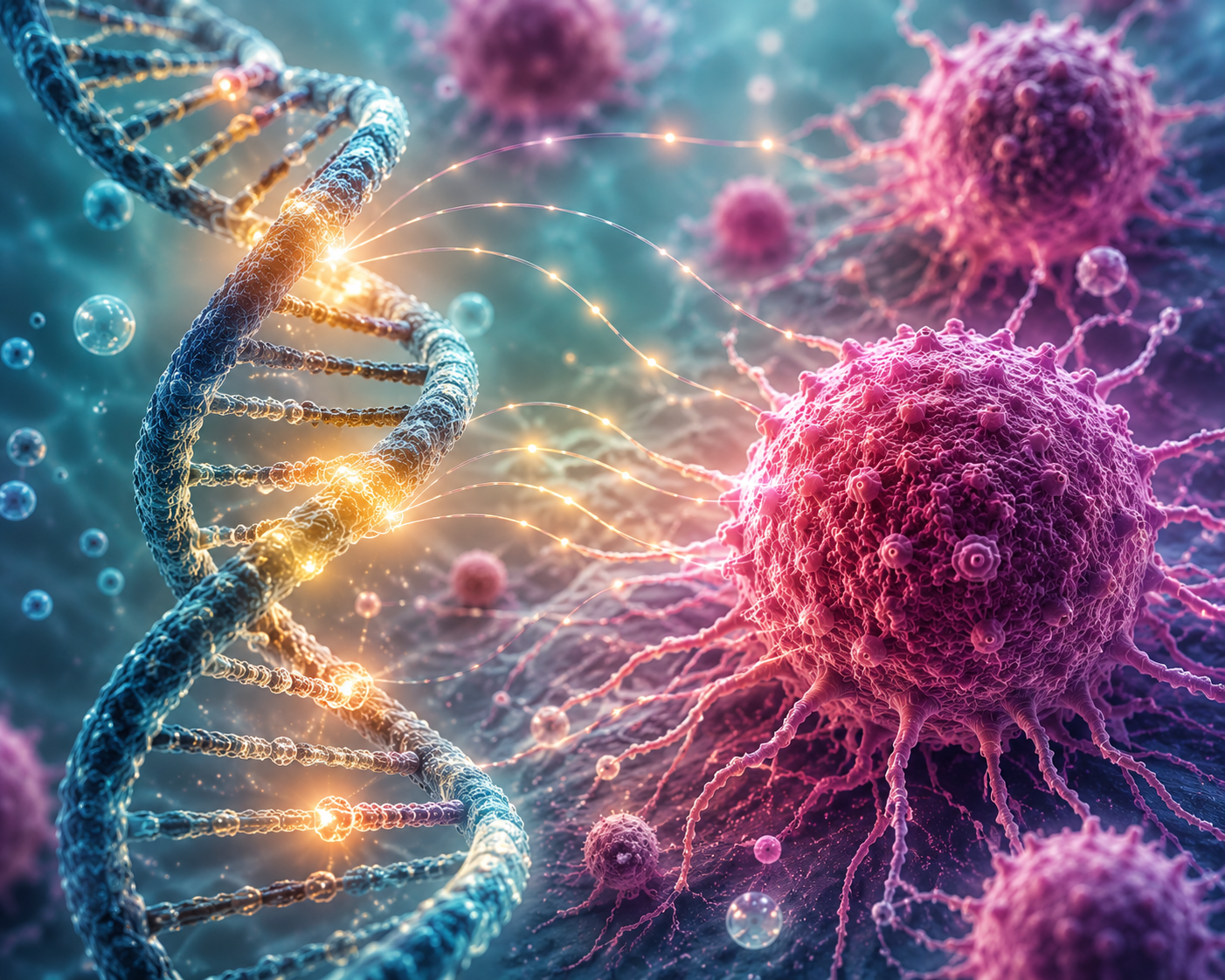 teal blue DNA double helix with golden regulatory sequences and a pink cancer cell showing how regulatory networks can influence cancer development