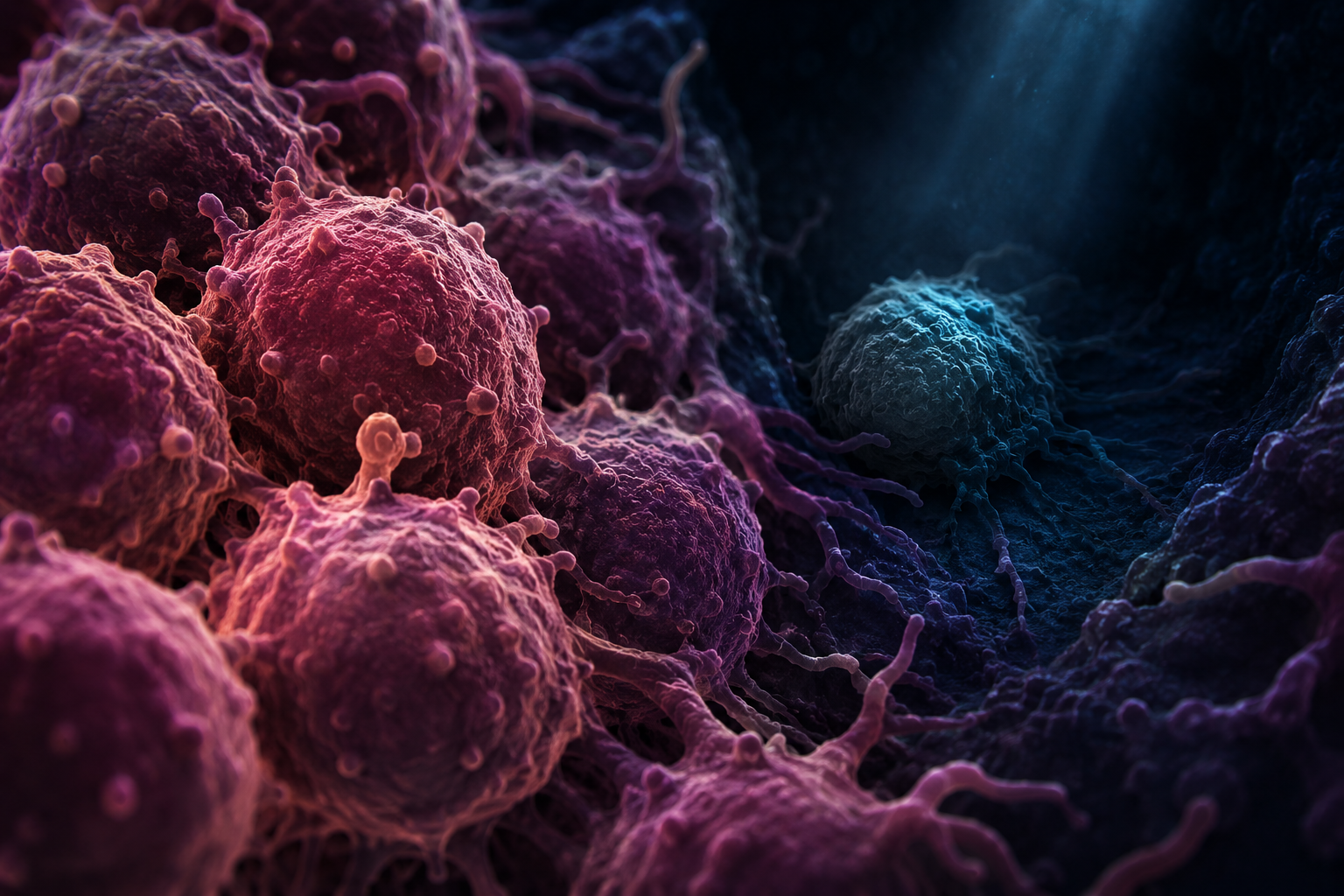 Dark background with a cluster of brightly glowing cancer cells. One single cell partially hidden in shadow behind the cluster.