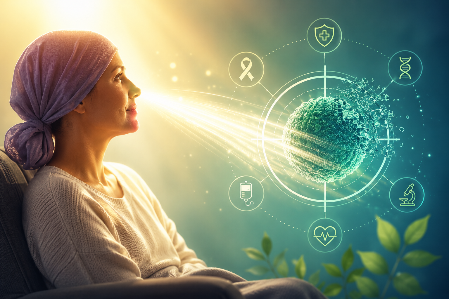 A hopeful cancer patient sits as a glowing therapeutic light targets a cancer cell, symbolizing advances in personalized cancer treatment, healing, and hope for the future.