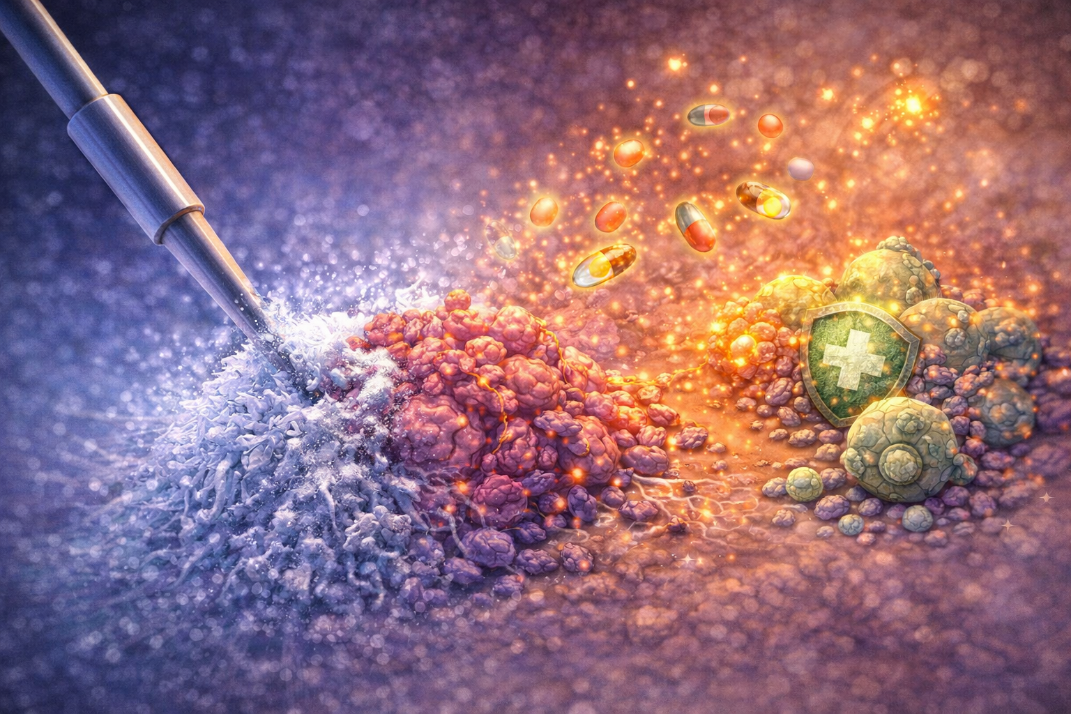 Illustration showing a tumor being frozen by a probe (cryoablation), alongside tiny particles targeting the tumor and helping the immune system respond, representing a combined approach to more precise cancer treatment. 