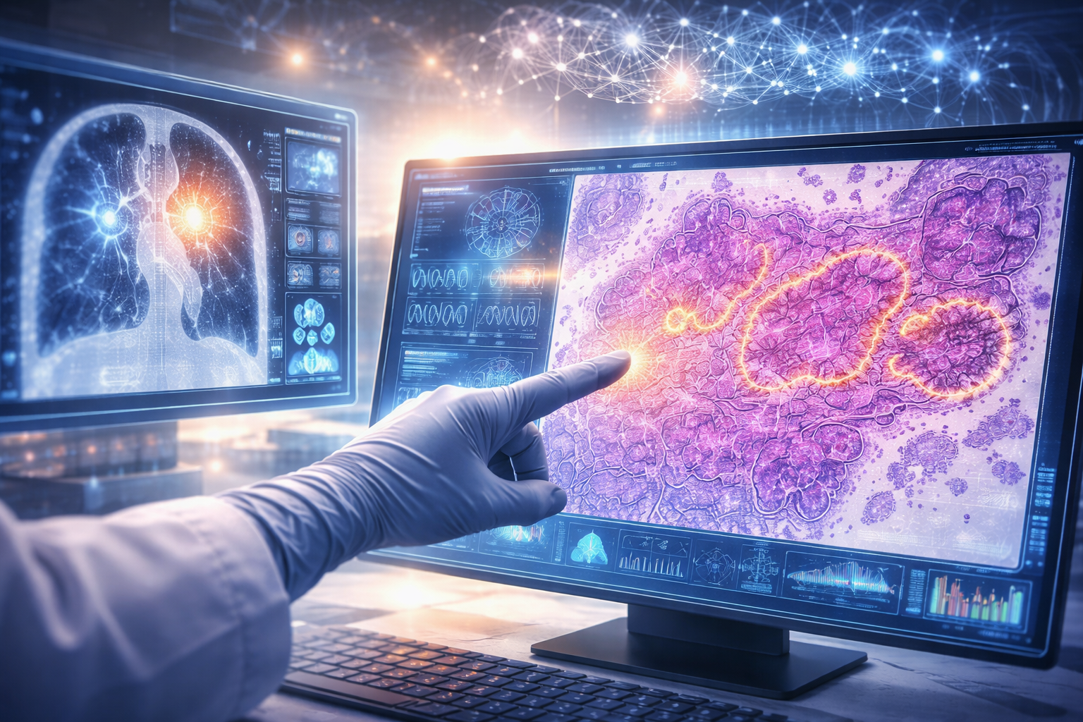 Illustration of a medical scan being analyzed by artificial intelligence, with digital overlays highlighting tumor regions and data points, representing AI-assisted cancer diagnosis and analysis.