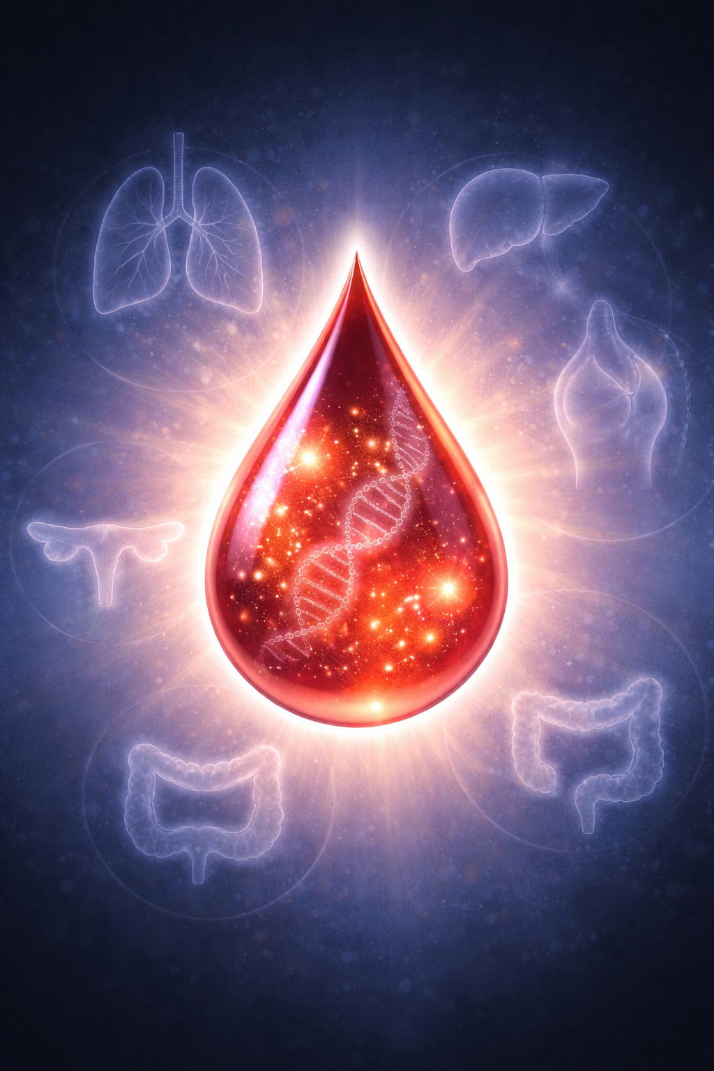 Illustration of a single drop of blood glowing with internal particles and DNA strands, surrounded by faint outlines of different organs, representing a test that can detect multiple cancers from one blood sample.