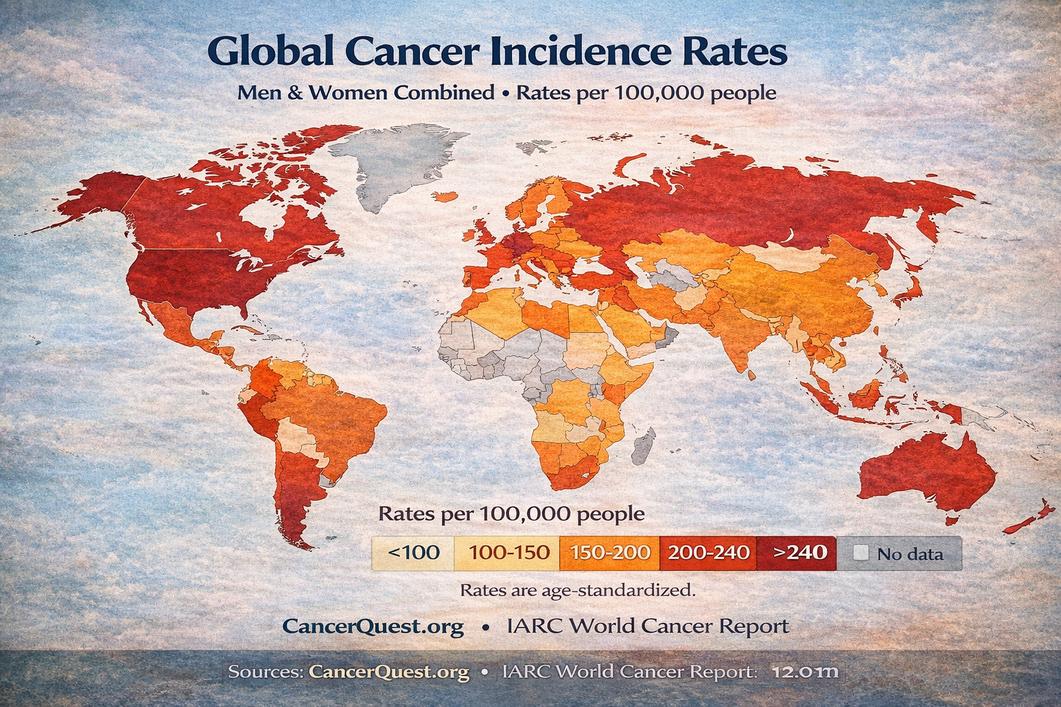 World map shaded in a color gradient to show cancer incidence rates across different regions, with lighter colors representing lower rates and darker colors indicating higher rates. A legend at the bottom explains the rate ranges per 100,000 people. Some regions are marked as having no available data. 