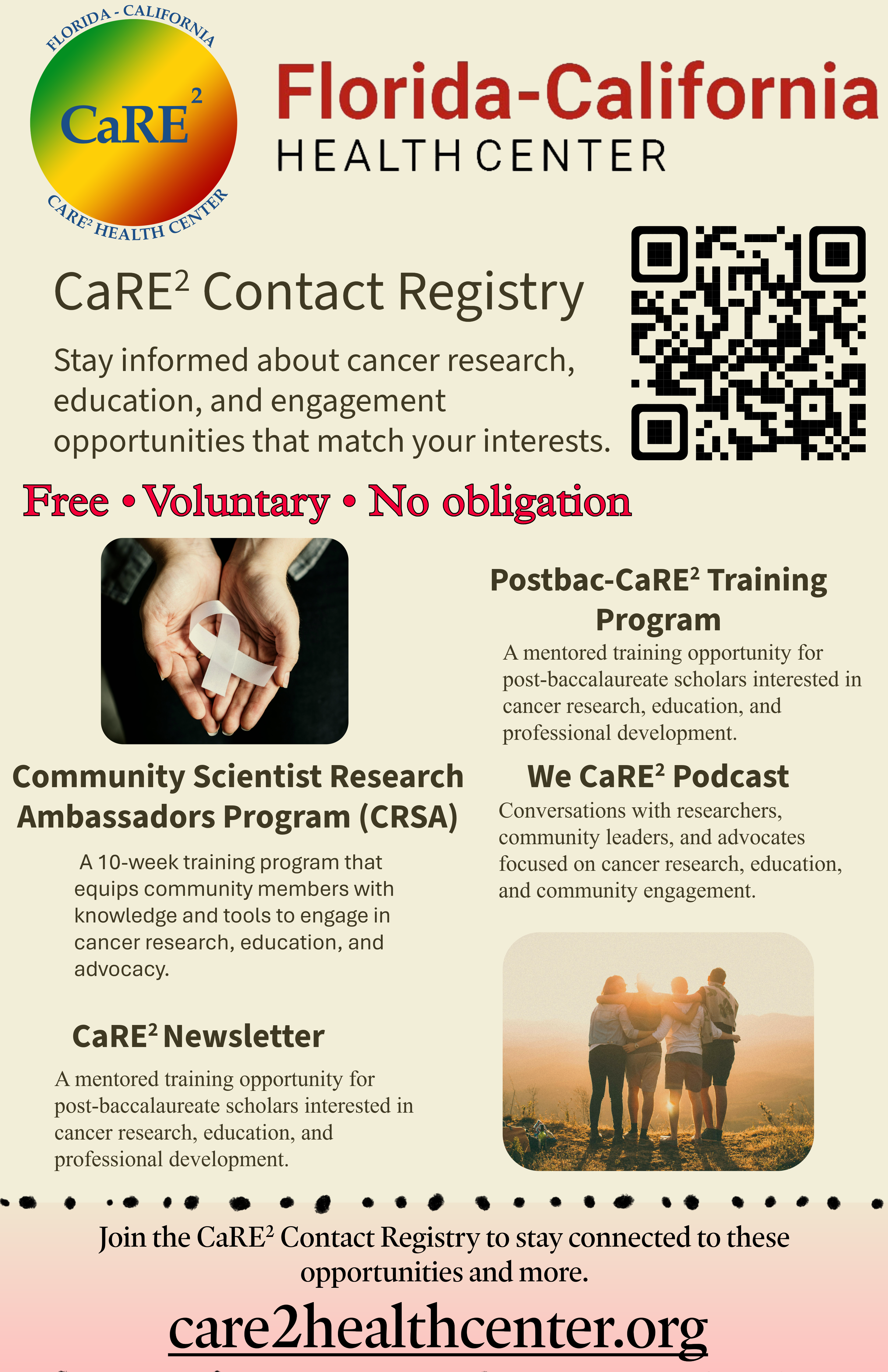 Florida–California CaRE² Health Center flyer promoting the CaRE² Contact Registry. The flyer highlights free, voluntary participation, includes a QR code, and features programs such as the Community Scientist Research Ambassadors Program, Postbac Training, We CaRE² Podcast, and CaRE² Newsletter. Website listed as care2healthcenter.org.