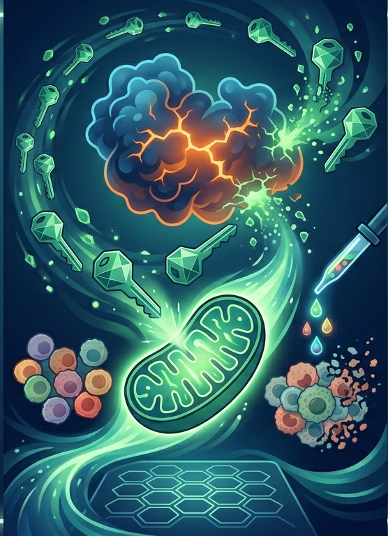 An artistic, conceptual illustration depicts the battle against KRAS-mutant cancer cells using a dark blue protein cloud being shattered by glowing green, crystalline keys. The image highlights biological mechanisms through a central, neon-green mitochondrion and a pipette dispensing colorful droplets onto a mosaic of diverse cancer cells, symbolizing targeted therapeutic breakthroughs.
