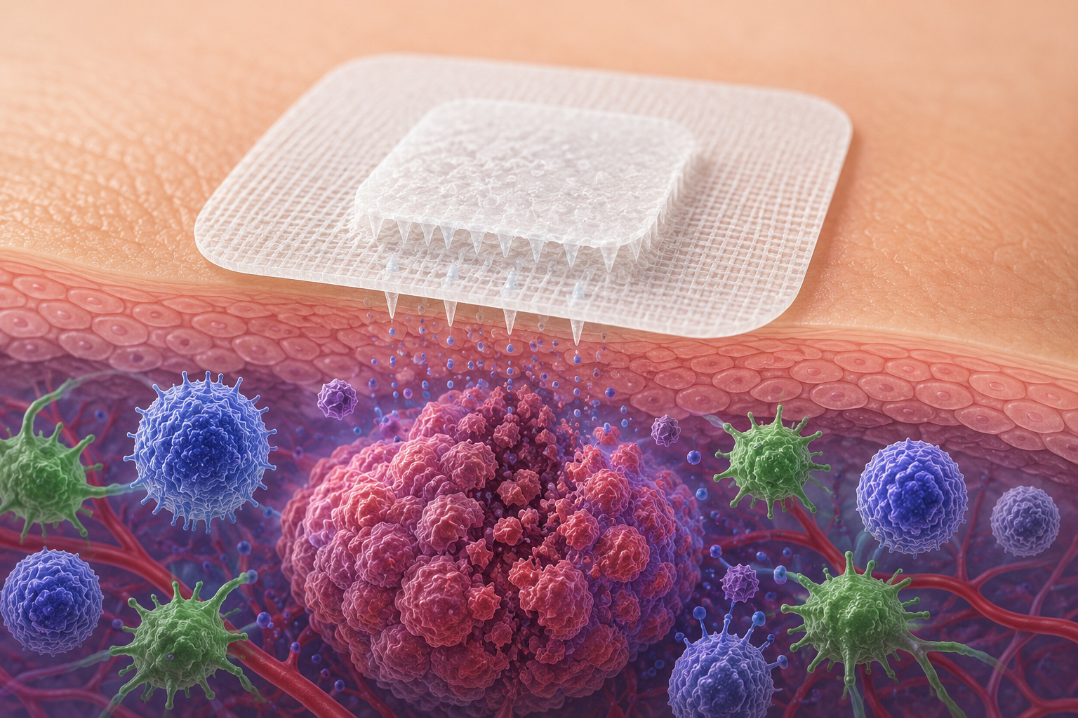 Detailed scientific illustration showing a microneedle path applied to the skin above a melanoma tumor. Tiny needles release therapeutic agents directly into the tumor while immune cells surround the cancer mass. 