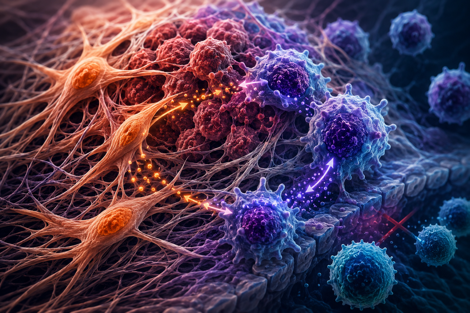 Fight off between fibroblasts, macrophages and cancer