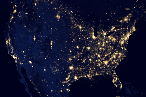 map of the USA showing lights in major cities during the night