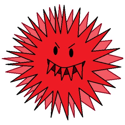 drawing of a red virus with large teeth