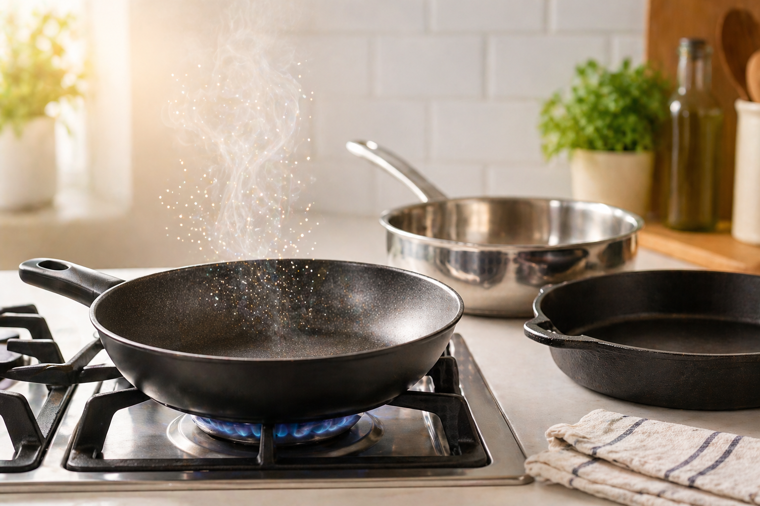A bright, modern kitchen scene shows a black nonstick frying pan heating on a gas stove with a blue flame underneath. Soft steam rises from the pan, with faint sparkling particles mixed into the vapor. In the background, a stainless steel saucepan and a cast iron skillet sit on the counter, alongside a folded cloth, bottles of oil, and a small green plant, all illuminated by warm natural light.