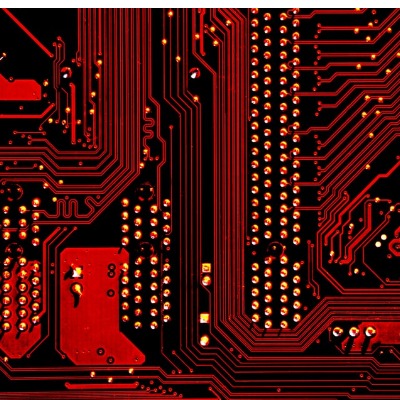 colorized closeup of a microprocessor