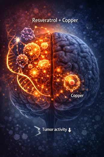 Illustration of a human brain with the left side glowing orange and showing cancer cells and DNA strands, representing tumor activity. An arrow pointing downward labeled tumor activity suggest a potential reduction in response to resveratrol and copper compounds nearby. 