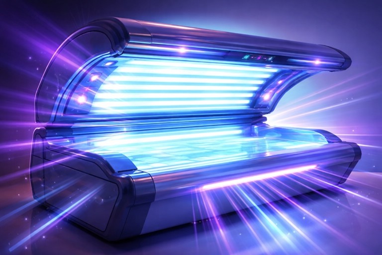 Open tanning bed with lots of light rays shining out