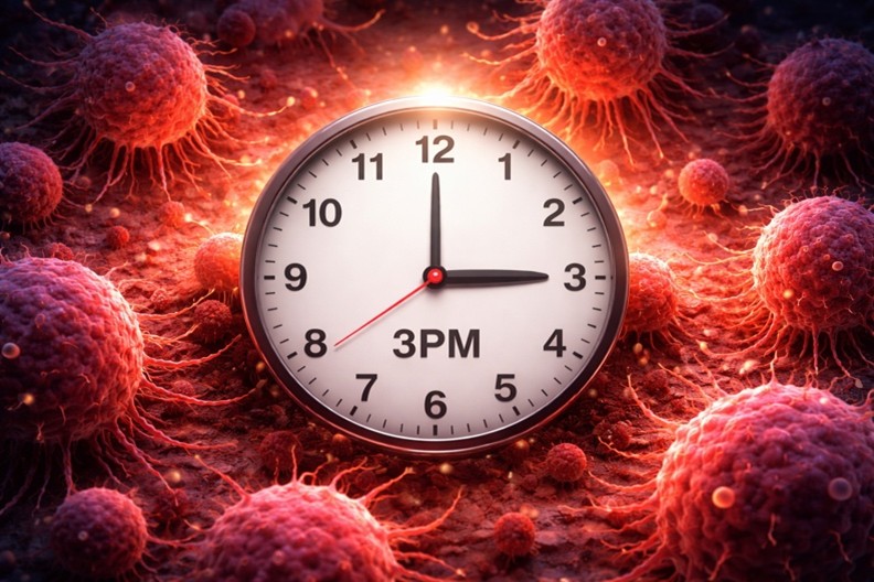 A clock showing 3 pm surrounded by cancer cells