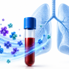 protein markers floating off of a background image of lungs around a test tube filled with blood for testing