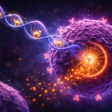 A digital scientific illustration showing a large purple cancer cell with a glowing orange center. A DNA double helix carrying small golden drug particles approaches and enters the cell, triggering a bright, radiant burst inside. Small particles scatter outward, symbolizing targeted drug delivery and activation within the cancer cell.