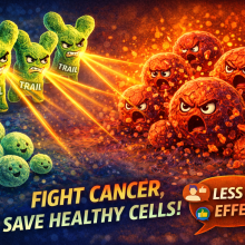 Colorful cartoon illustration showing bright green "TRAIL" protein characters shining beams of light towards a cluster of angry cancer cells, while smiling healthy green cells sit safely to the side. This symbolizes a treatment that largely targets cancer while sparing healthy tissue. 
