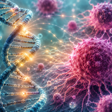 teal blue DNA double helix with golden regulatory sequences and a pink cancer cell showing how regulatory networks can influence cancer development