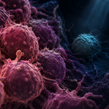 Dark background with a cluster of brightly glowing cancer cells. One single cell partially hidden in shadow behind the cluster.