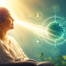 A hopeful cancer patient sits as a glowing therapeutic light targets a cancer cell, symbolizing advances in personalized cancer treatment, healing, and hope for the future.