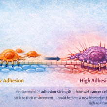 Illustration showing two cancer cells attached to surrounding tissue: on the left, a small orange cell with short attachments loosely touching the surface, and on the right, a larger purple cell with many long extensions gripping tightly into the tissue, visually representing differences in how strongly cancer cells adhere to their environment. he 