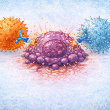 Shows an orange CAR-T cell and a light blue CAR-NK cell with Y-shaped CAR receptors attacking a purple cancer cell. Small particles and energy-like lines are present at the points where the cells connect to the cancer cells. 