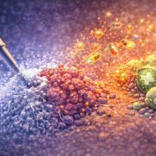 Illustration showing a tumor being frozen by a probe (cryoablation), alongside tiny particles targeting the tumor and helping the immune system respond, representing a combined approach to more precise cancer treatment. 