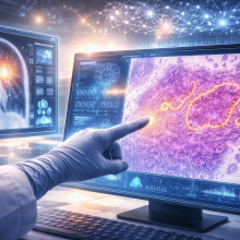 Illustration of a medical scan being analyzed by artificial intelligence, with digital overlays highlighting tumor regions and data points, representing AI-assisted cancer diagnosis and analysis.
