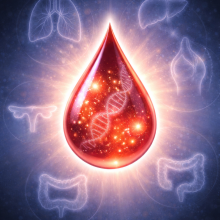 Illustration of a single drop of blood glowing with internal particles and DNA strands, surrounded by faint outlines of different organs, representing a test that can detect multiple cancers from one blood sample.