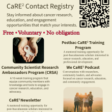 Florida–California CaRE² Health Center flyer promoting the CaRE² Contact Registry. The flyer highlights free, voluntary participation, includes a QR code, and features programs such as the Community Scientist Research Ambassadors Program, Postbac Training, We CaRE² Podcast, and CaRE² Newsletter. Website listed as care2healthcenter.org.