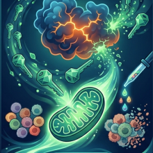 An artistic, conceptual illustration depicts the battle against KRAS-mutant cancer cells using a dark blue protein cloud being shattered by glowing green, crystalline keys. The image highlights biological mechanisms through a central, neon-green mitochondrion and a pipette dispensing colorful droplets onto a mosaic of diverse cancer cells, symbolizing targeted therapeutic breakthroughs.
