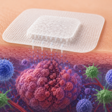 Detailed scientific illustration showing a microneedle path applied to the skin above a melanoma tumor. Tiny needles release therapeutic agents directly into the tumor while immune cells surround the cancer mass. 