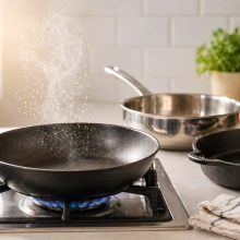 A bright, modern kitchen scene shows a black nonstick frying pan heating on a gas stove with a blue flame underneath. Soft steam rises from the pan, with faint sparkling particles mixed into the vapor. In the background, a stainless steel saucepan and a cast iron skillet sit on the counter, alongside a folded cloth, bottles of oil, and a small green plant, all illuminated by warm natural light.