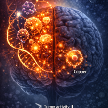 Illustration of a human brain with the left side glowing orange and showing cancer cells and DNA strands, representing tumor activity. An arrow pointing downward labeled tumor activity suggest a potential reduction in response to resveratrol and copper compounds nearby. 