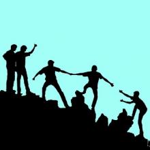 graphic of people helping each other up a hill